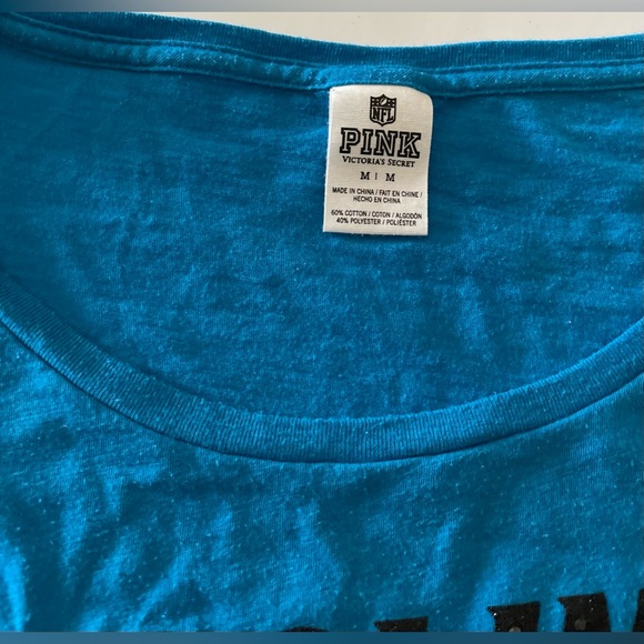 Carolina Panthers Pink Victoria’s Secret Blue Scoop Neck Cropped Blouse - Picture 2 of 3